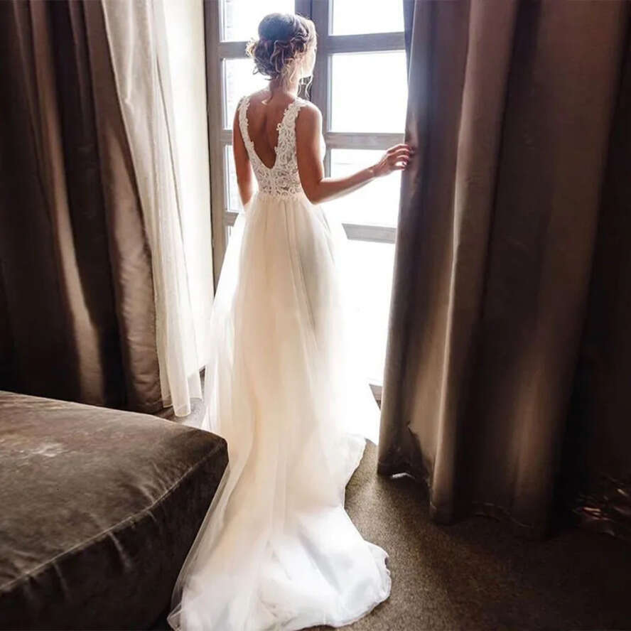2021 A-E Beach Dresses Summer Boho Bride Dress With Detachable Train Backless Appliques Tulle Wedding Gowns Plus Size Wers V-Neck Lace 0509