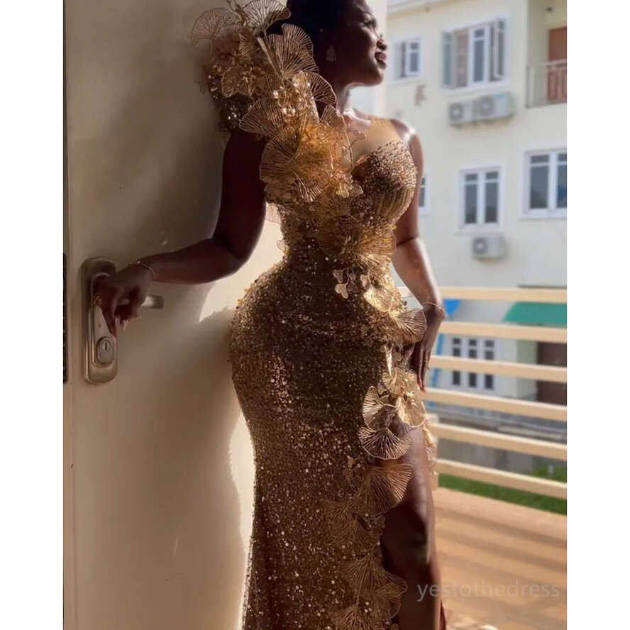 2024 Gold Plus Size Aso Ebi Prom Dresses For Black Women Evening Sequined Lace Mermaid Sexy Side Split Birthday Party Dress Reception Engagement Gowns