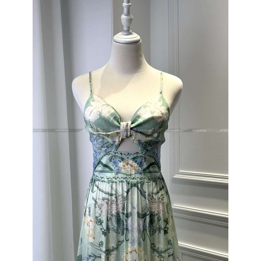 2024 New V Neck Crystal Beaded Sexy Cross Strapless Green Wer Print Maxi Long Silk Sg Dress