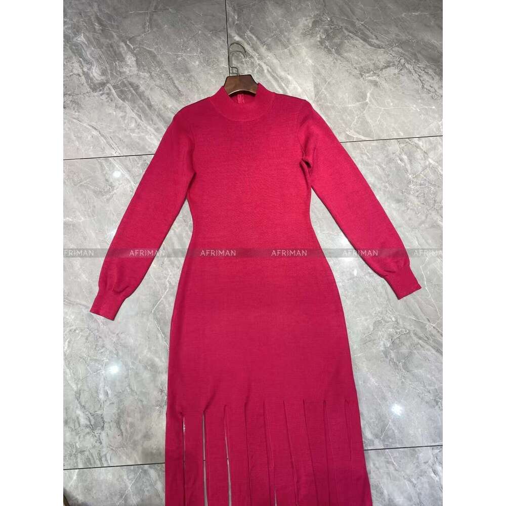 Women High Neck Sleeve Fringed Slim Long Knitted Dress