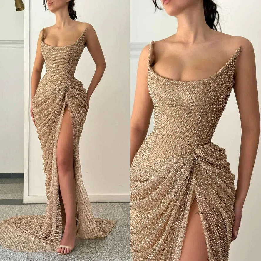 Khaki Mermaid Prom Dress Ogstuff Strapless Formal Evening Dresses Elegant Pleats Net Party Gowns For Special Ocns Split Robe De Soiree 0515