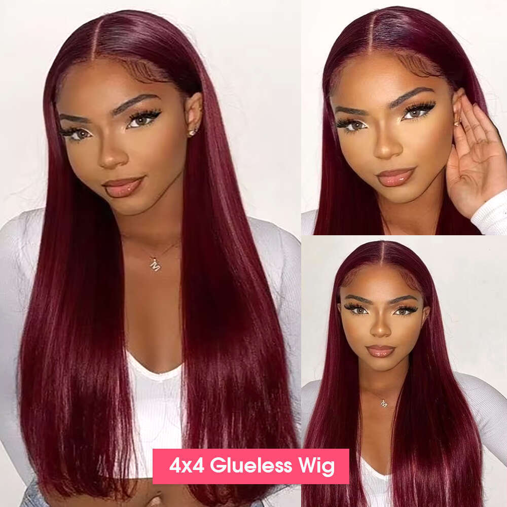 x Straight J Red Color Burgundy Human Hair Wigs Glueless Wig Ready To Wear Preplucked Brazilian without Glue
