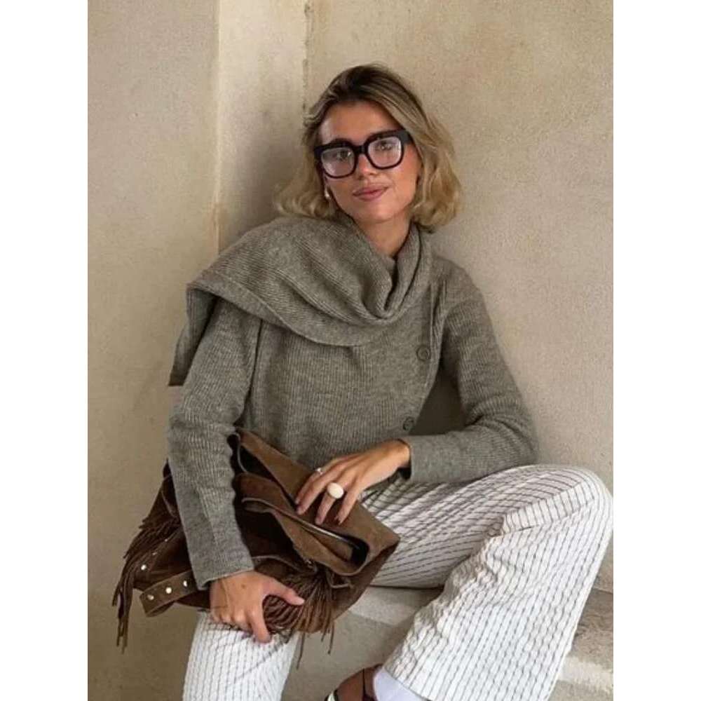 2024 Warm Scarf Collar Knitted Sweater Women Chic Single Breasted Full Sleeve Loose Cardigan Autumn Casual Lady High Streetwear