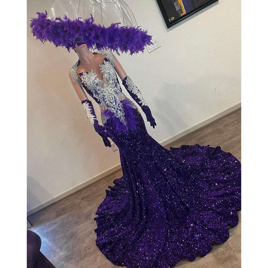 Purple Mermaid Prom Dresses Dia Sequined Beads Tassel Long Sleeve Gillter Evening Dress Formal Party Gowns 0521