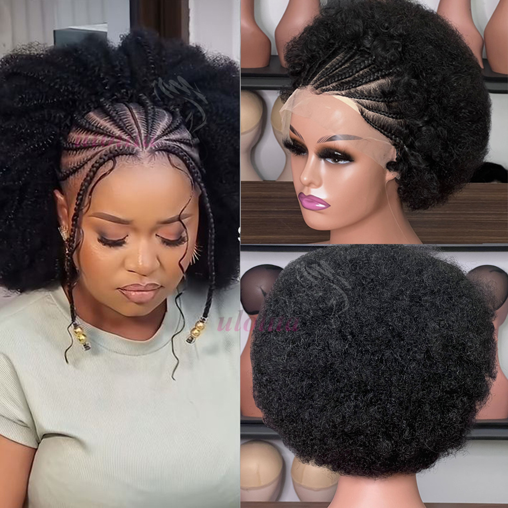 6 inch Afro Kinky Human Hair with Braids 180% Density 13x4 Transparent Lace Short Curly Bob Wigs for Women PrePlucked