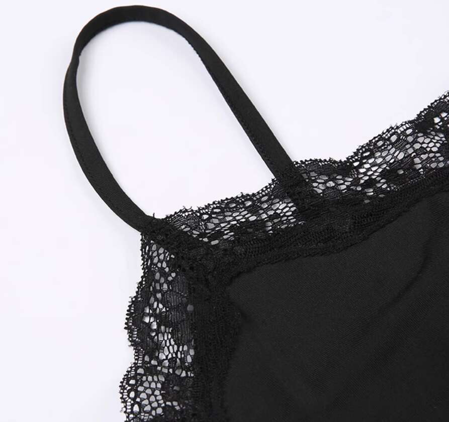 Women's sexy lace patchwork camisole jumpsuit with high waist and low chest, worn as a base shorts