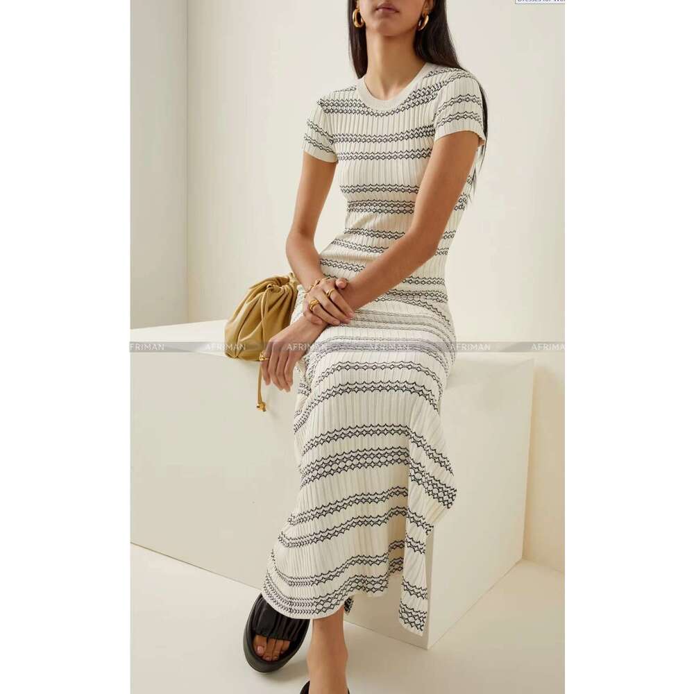 Women Striped Round Neck Short Sleeve Ribbon Knit Maxi Dress