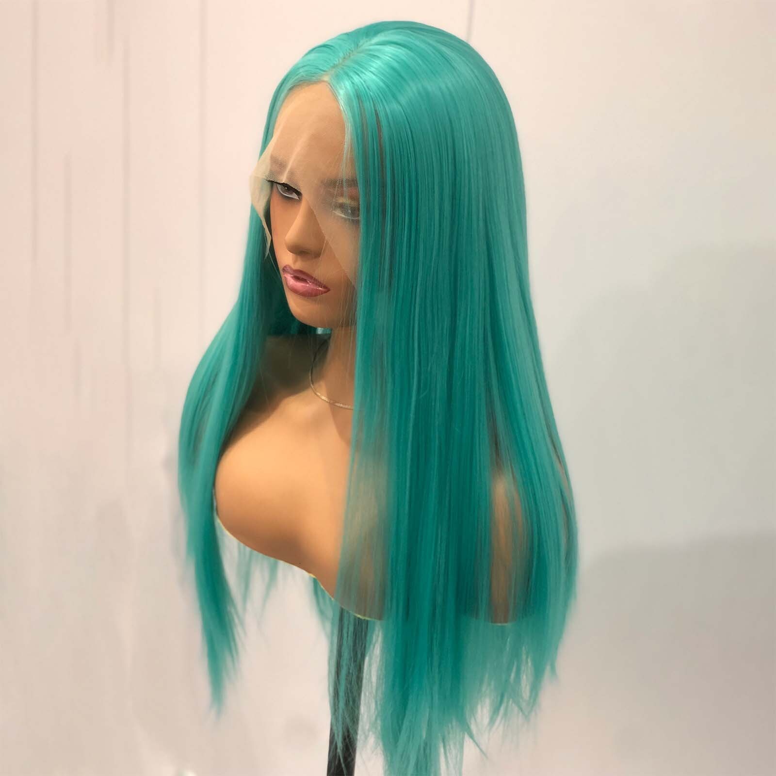 Long Silky Straight Synthetic Lace Front Wig Green Colored Lake Blue Hair Natural 13X4 Frontal Wigs for Women Party Cosplay