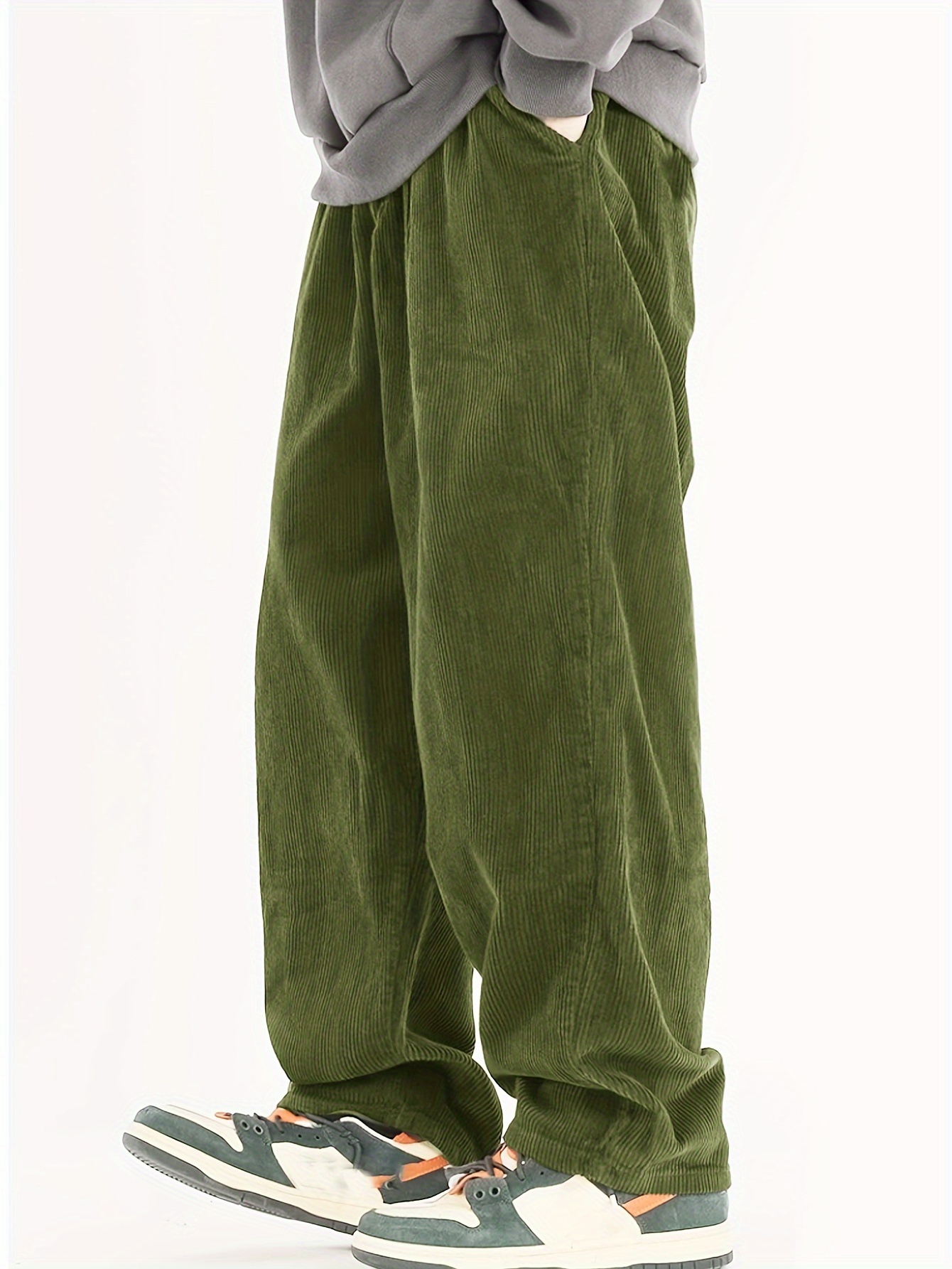 Men's basic corduroy straight leg pants, solid color pants with pockets, suitable for casual daily wear