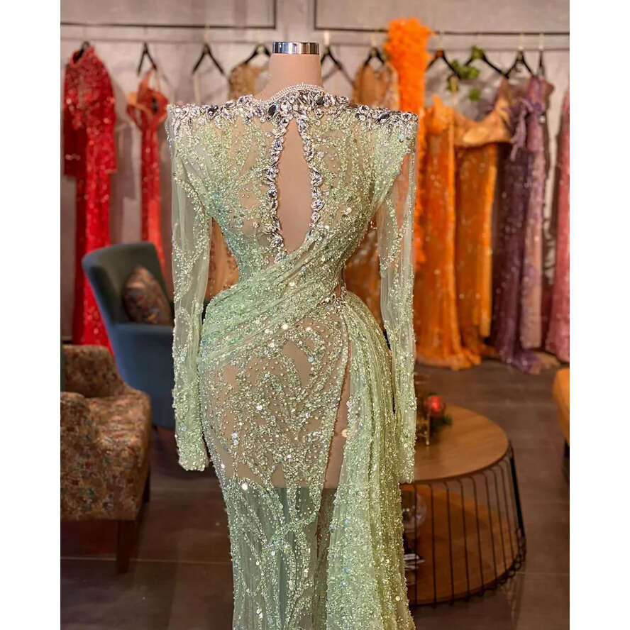 Sexy Mermaid Prom Long Sleeves V Neck Halter Appliques Sequins Or Length Dias Side Slit Lace Hollow Evening Formal Dresses Plus Size Custom Made 0431
