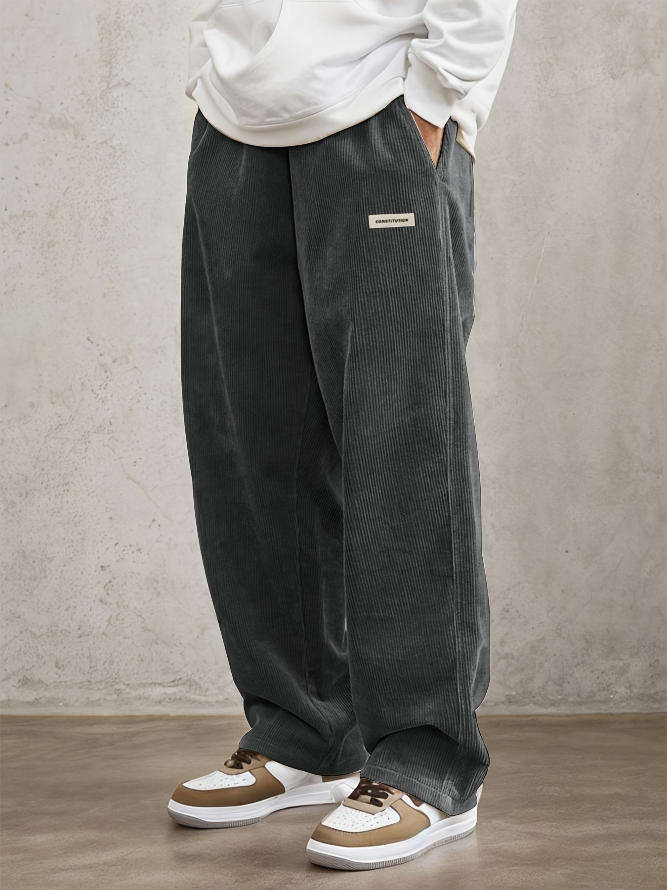 Men's retro style loose corduroy casual pants with slanted pockets - breathable straight waist sports pants, suitable for city walks and outdoor 