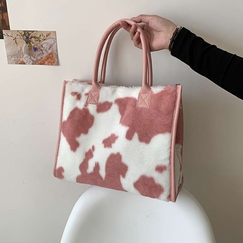 Fluffy Cow Pattern Tote Handbag Soft Faux Fur, Vintage Y2K Inspired, Spacious Interior, Stylish New Shoulder Bag Women - Perfect for Daily Use, Casual