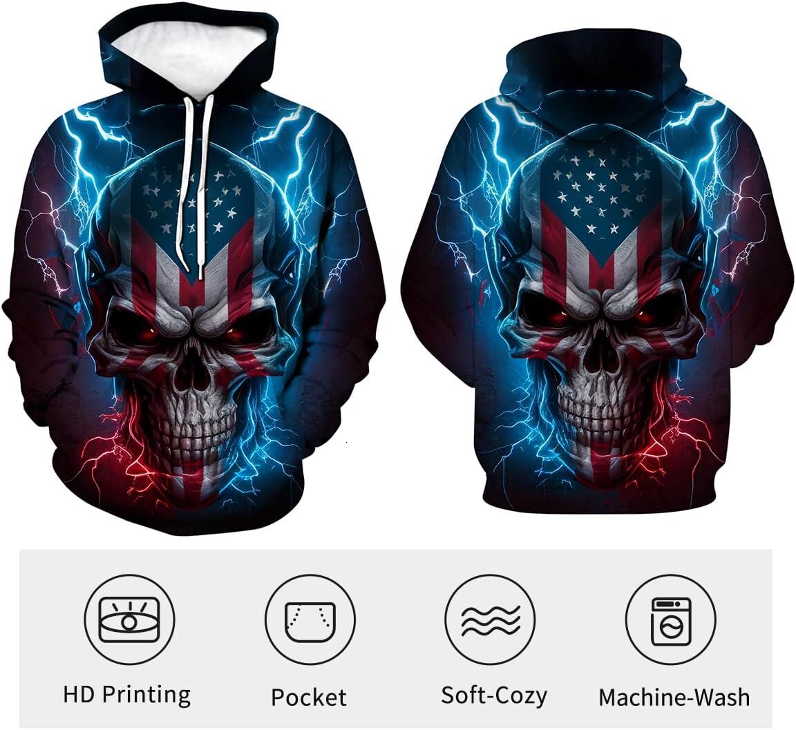 Hoodie for Mens Womens Mens Lightning cool Skull Hoodie Patriotic Theme Sweatshirt American Flag Graphic Pullover Graphic Hoodies sweatshirt Trendy pa