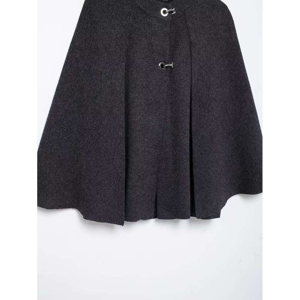 TRAFZA Elegant Women Knitted Metal Buckle Dark Gray Coat New 2024 Spring Fall Fashion Casual Cape Sweater