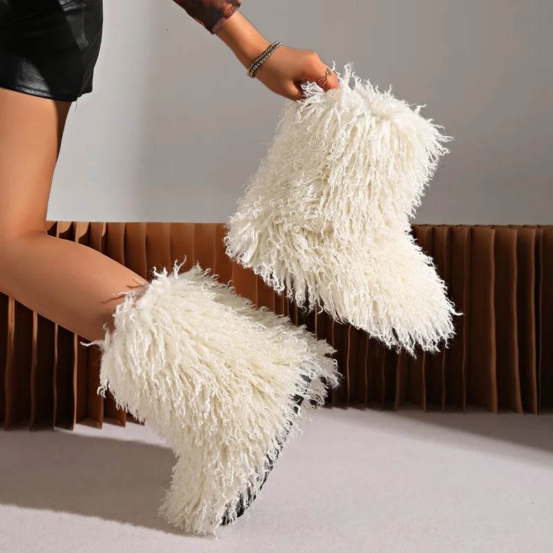 Winter Boots Furry Shoes Women Teddy Fur Snow Boots Fluffy Warm Faux Wool Boot Plush Fashion Boots Ladies Mongolian Fur Boot 241028