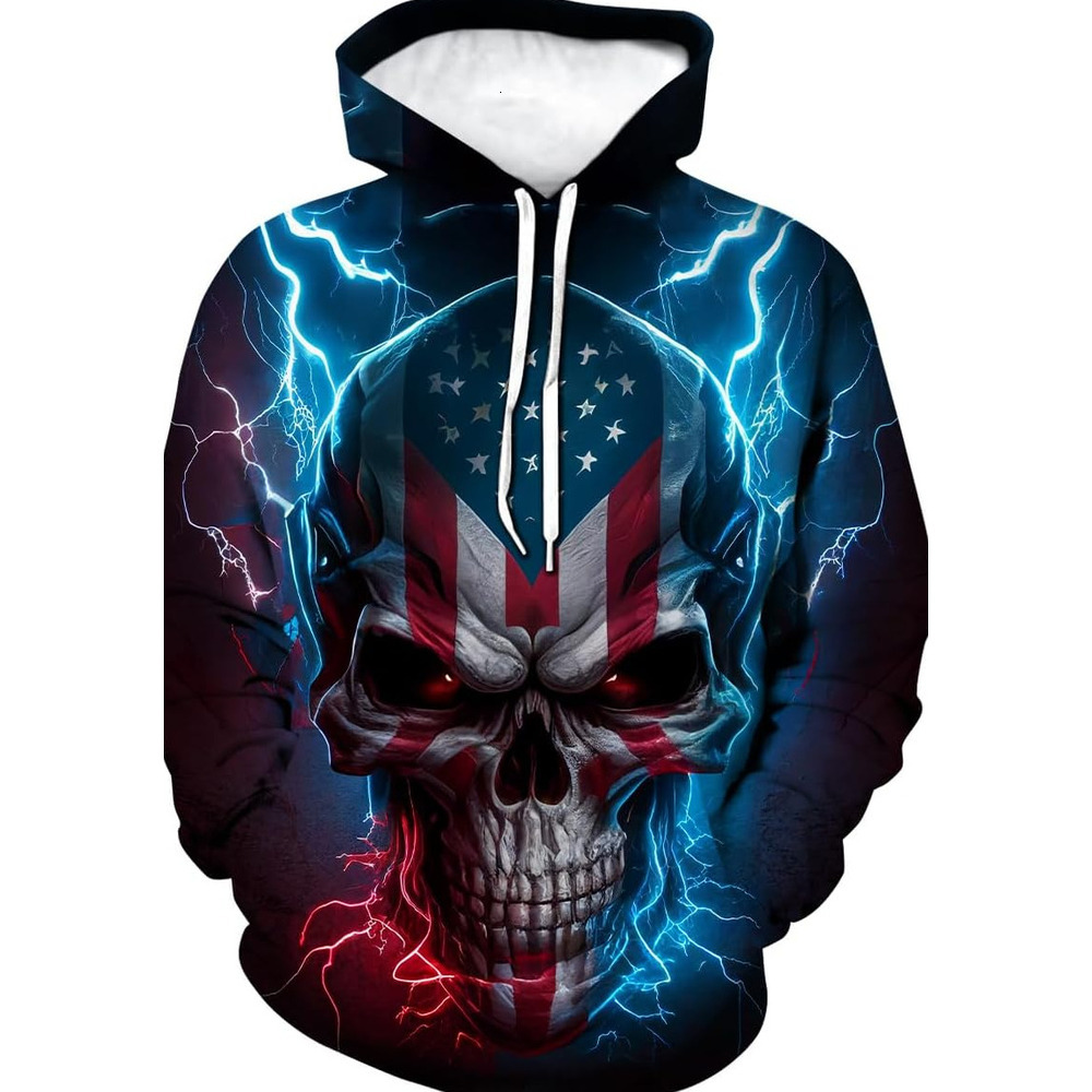 Hoodie for Mens Mens Lightning Skull Hoodie Patriotic Theme Sweatshirt American Flag Graphic Pullover Graphic Hoodies sweatshirt Warm and casual