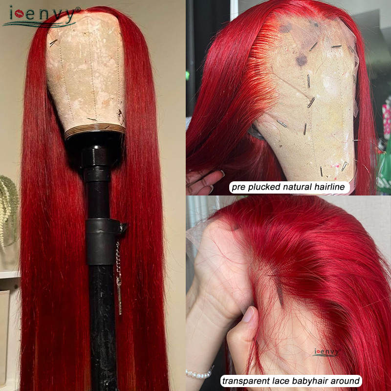 13x6 Red Human Hair 13X4 Pre Plucked Bury Hd Frontal Wigs Colored 99J Straight Lace Front Wig Women
