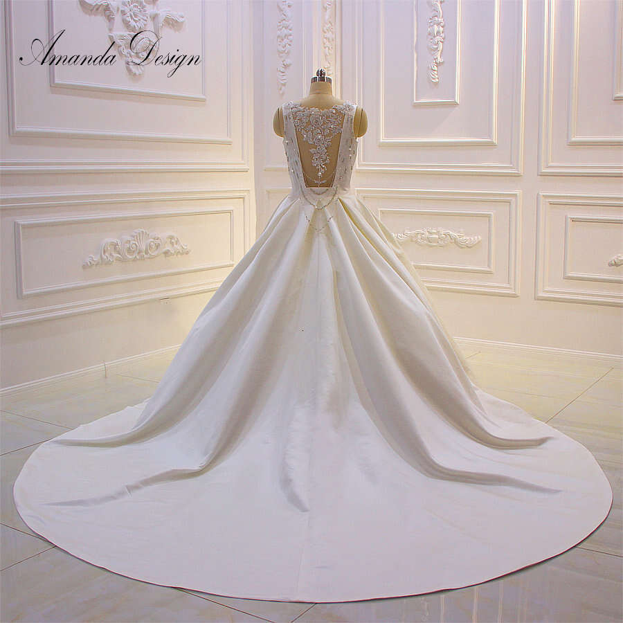 Amanda Design Cap Sleeve Lace Appliques Crystal Illusion Back Wedding Dress