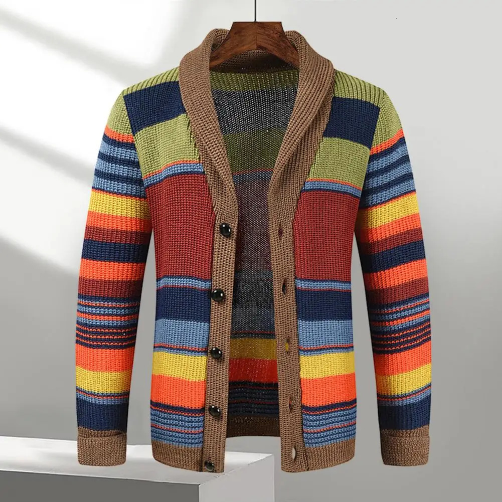 Men Outerwear Sweater Stylish Mens Knitted Color Matching Striped Cardigan Fall Winter Coat with Casual Buttons 241024