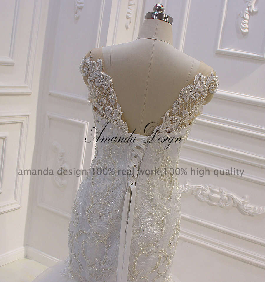 Amanda Design vestido novia playa Cap Sleeve Lace Appliqued Pearls Mermaid Wedding Dress