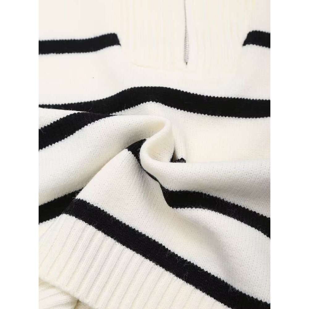 TRAFZA Women Fashion Striped Knitted Zipper Mock Neck Long Sleeve New 2024 Spring Fall Casual Versatile Sweater
