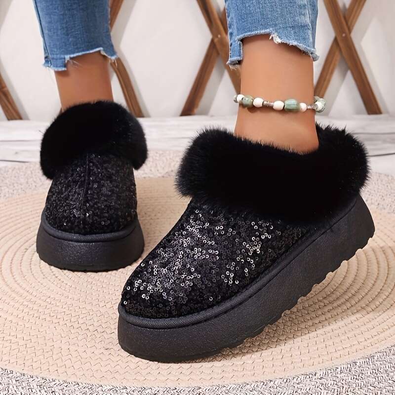 Women's Sequins Decor Platform Short Fashion Slip On Plush ed Boots, Comfortable Winter Ankle Boots