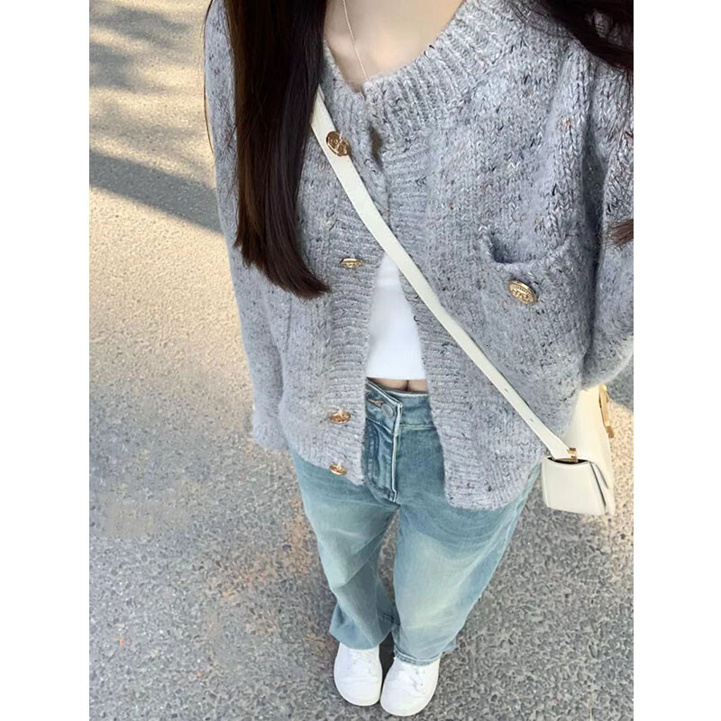 Korean Grey Knitted Cardigan Autumn New Style Small Fragrant Round Neck Short Sweater Women Coat F1028#38