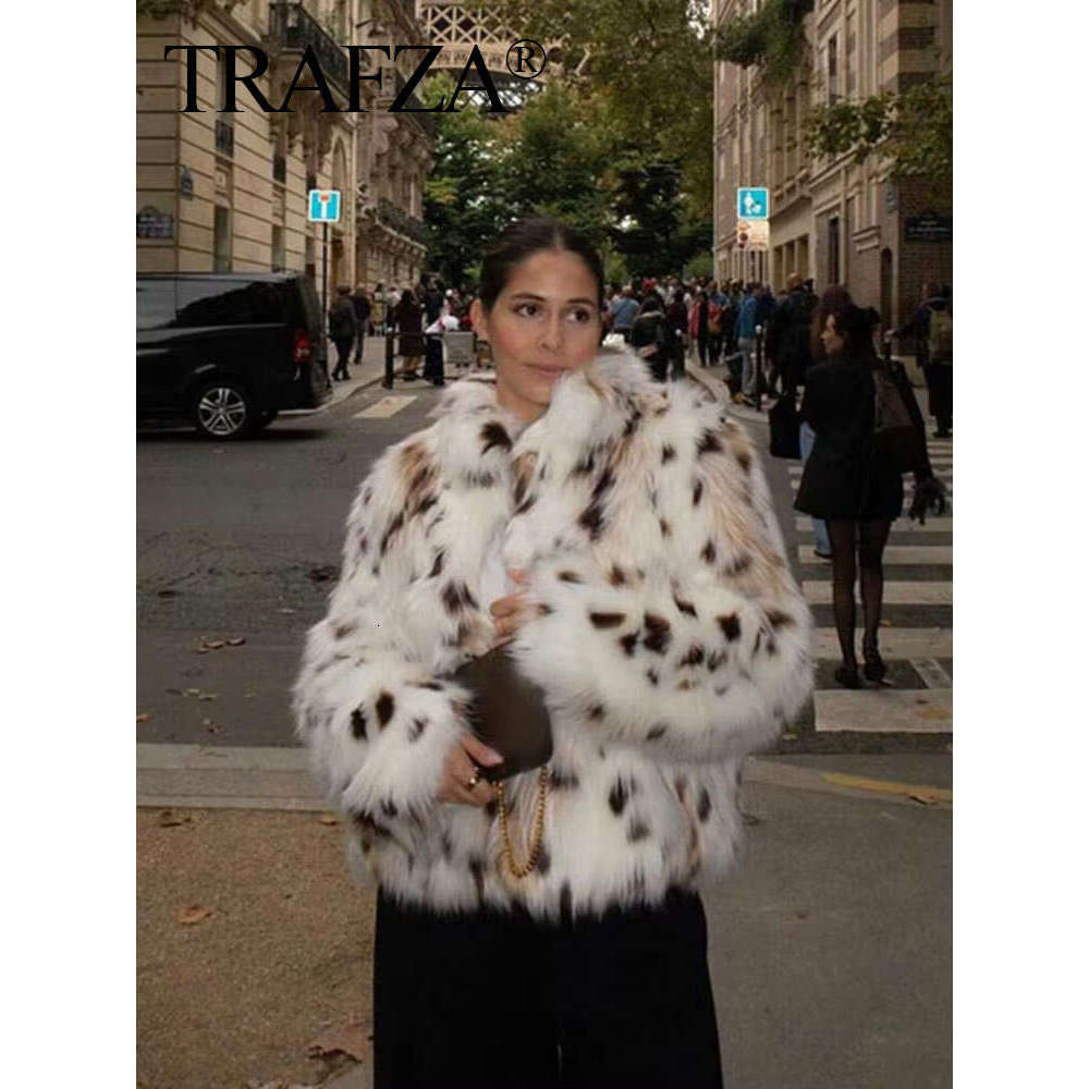 T Fashion Printed Women Fluffy Faux Fur Coats Elegant Stand Collar Long Sleeve Jackets Winter Lady High Street Warm Outwear