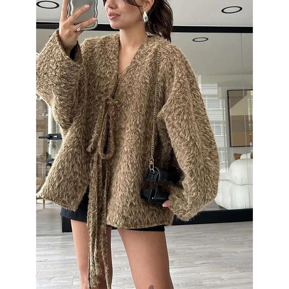 Elegant Solid Mohair Lace Up Women Knitted Cardigan Chic V Neck Long Sleeve Short Sweater Autumn Lady Commute Street Outerwear