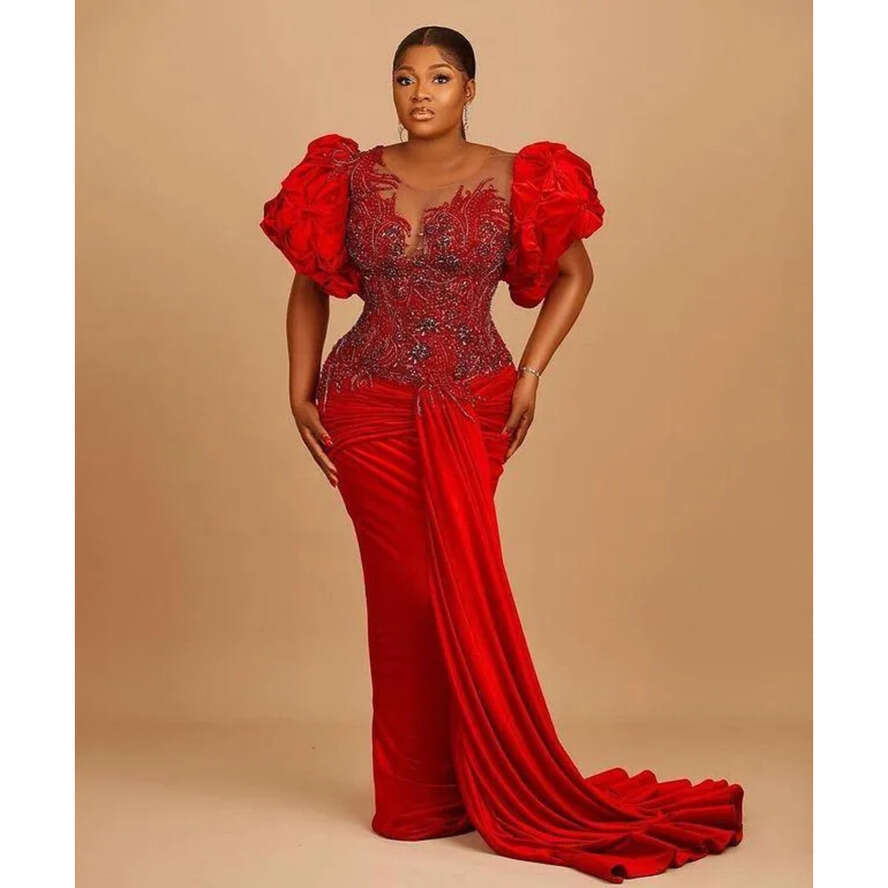 2022 Red Urious Sexy Prom Dresses Lace Beaded Crystals Evening Formal Party Second Reception Birthday Engagement Gowns Dress Plus Size Arabic Aso Ebi