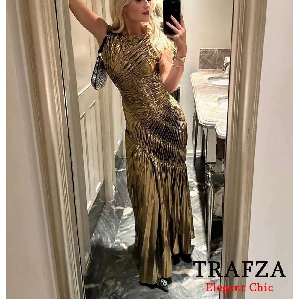 TRAFZA Elegant Metallic Color Women's Sleeveless Shirred New 2024 Spring Summer Sexy Glamorous Party Vacation Dress
