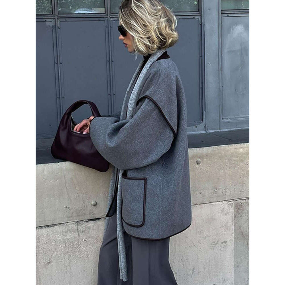 Lace Up Patchwork Women Coat V-Neck Loose Long Sleeve Pocket Female Jacket 2024 Elegant Autumn Winter New Office Lady Outwears