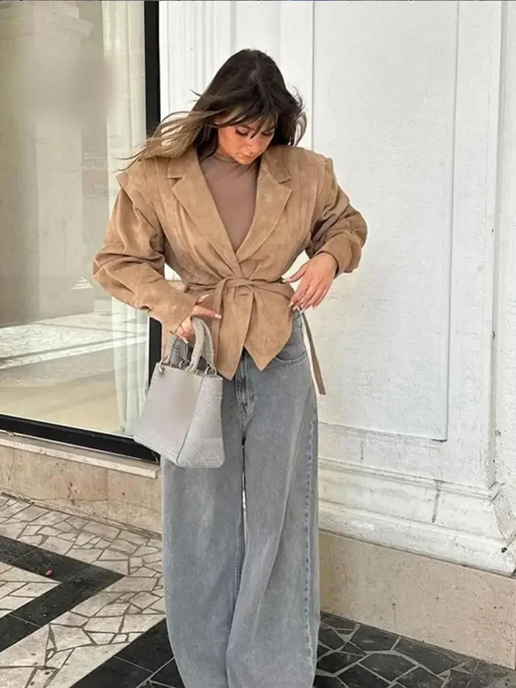 Fashion suede short leather long sleeved jacket for women with pleated shoulder straps lapel button cut jacket womens street jacket 241025