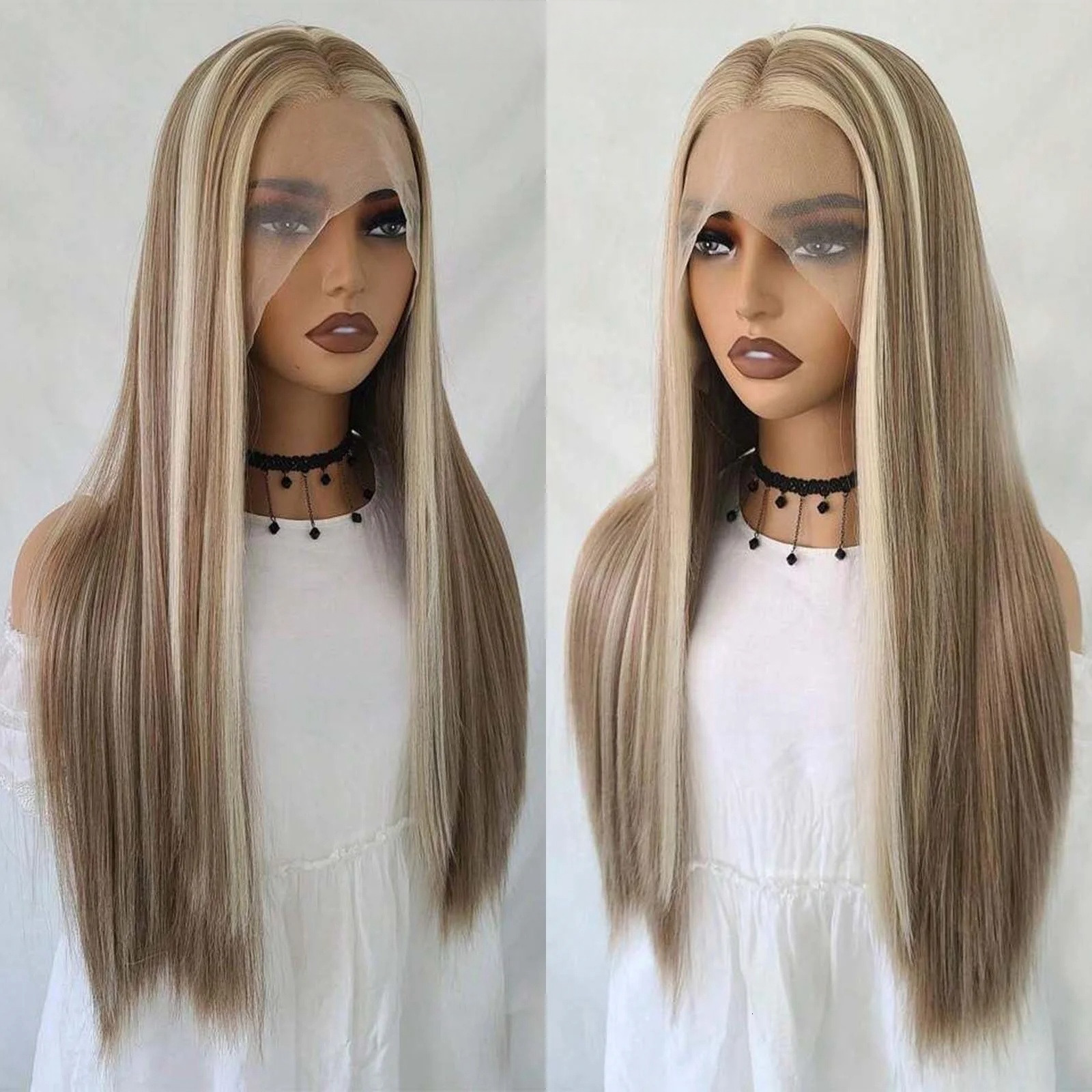 Highlight Ombre Lace Front Wig Synthetic Hair Long Straight Brown with 613 Blonde Balayage Colored 13X4 Frontal Wigs for Women