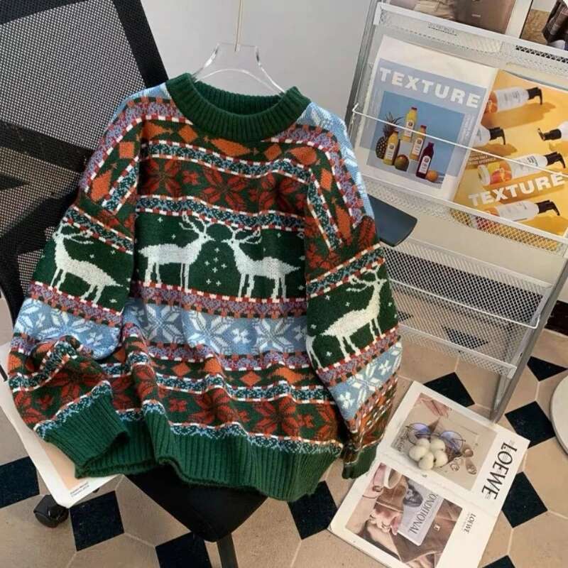 New High Street Christmas Dress Up Women Retro Deer Jacquard Autumn And Winter Loose Lazy Style Men Sweater Y2k Clothes
