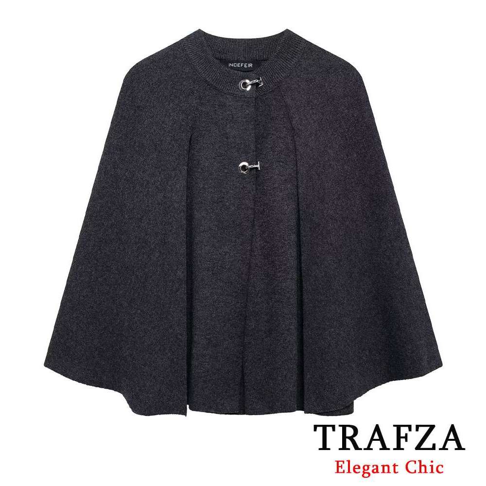 TRAFZA Elegant Women Knitted Metal Buckle Dark Gray Coat New 2024 Spring Fall Fashion Casual Cape Sweater