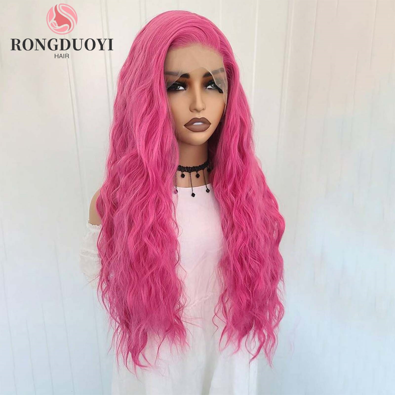 13X4 Rose Red Curly Synthetic Front Wig Natural Wavy Long Hot Pink Colored Hair Lace Frontal Wigs for Women Party Daily