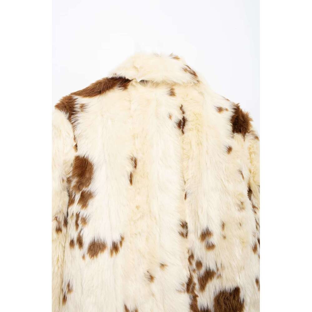 TRAFZA Women Shagg Short Lapel Jacket Loose Faux Fur Zipper Spots New 2024 Fall Winter High Street Modern Girl Coat