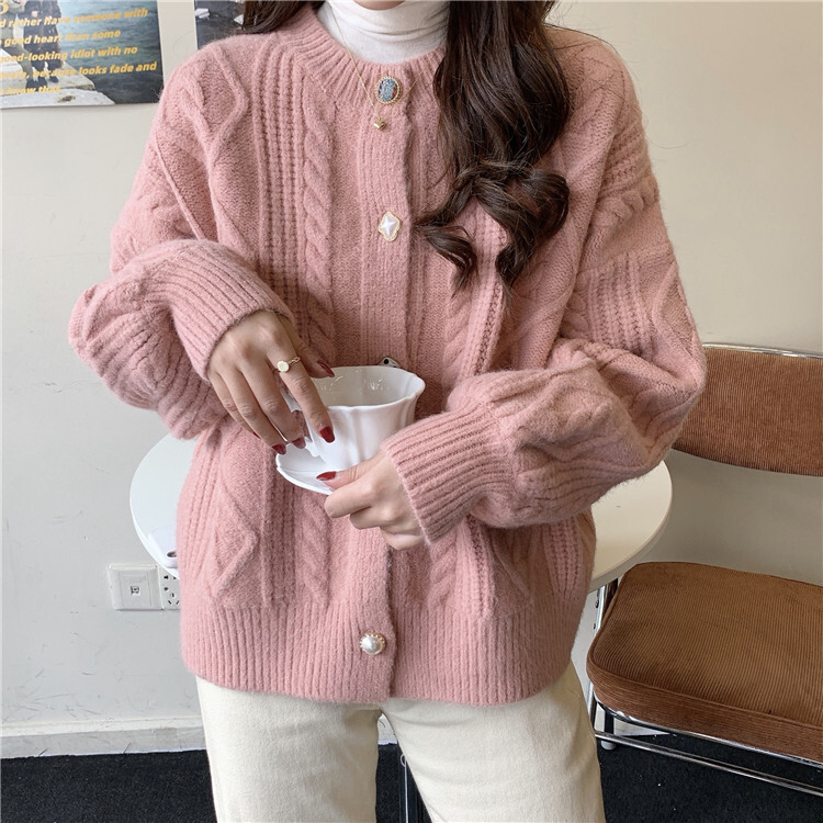 French Fried Dough Twists Round Neck Sweater Coat Autumn And Winter New Style Lantern Sleeve Loose Versatile Knitting Cardigan Women Dress F1028#45