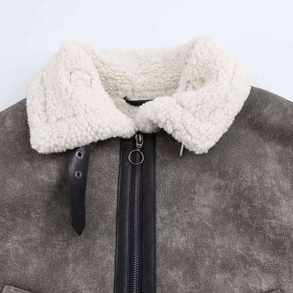 TRAFZA Women Fall Winter Fleece Ed Lapel Beltloops New 2024 Fashion Classic Street Vintage Jacket Coat