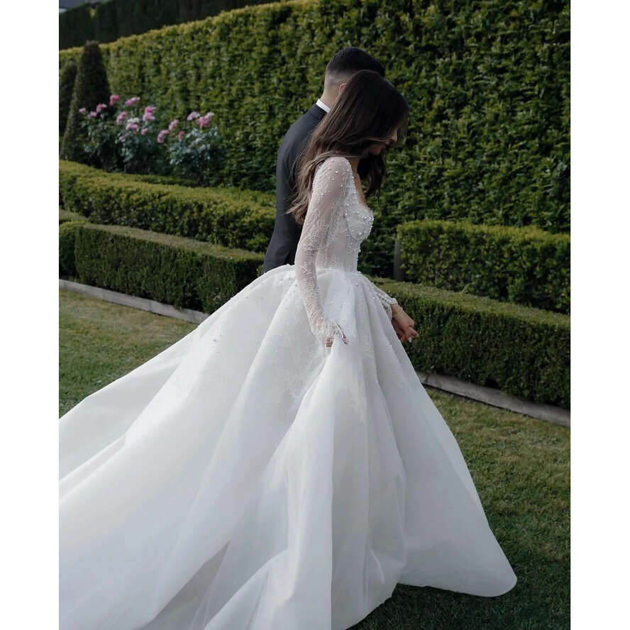 Boho A E Dress For Bride Lace Long Sleeves Pearls Wedding Dresses Bridal Gowns Vestidos Novia Backless Country Robe De Mariage 0515