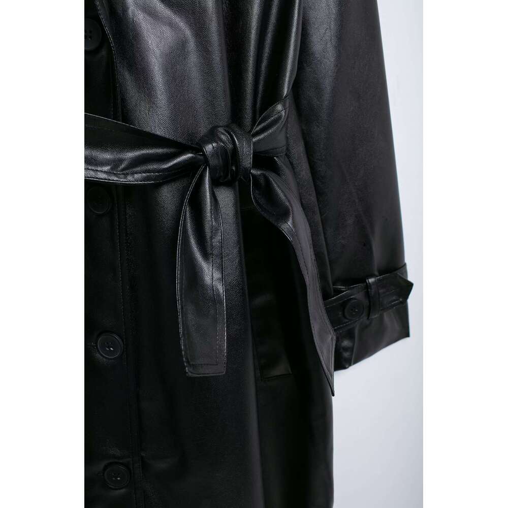 TRAFZA Women Fashion PU Trench Lapel Classic Solid Long With Belt New 2024 Fall High Street Leather Coat