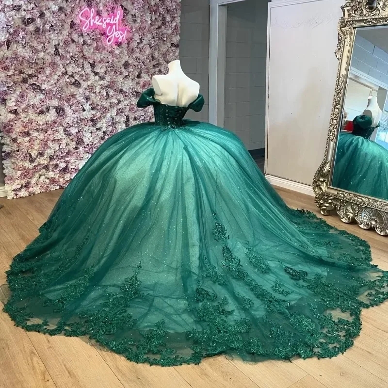 Sparkly Emerald Green Princess Quinceanera Dresses Lace Appliques Crystals Beads Tull Ball Gown Birthday Party Sweet 16 Dress Vestido De 15 Anos