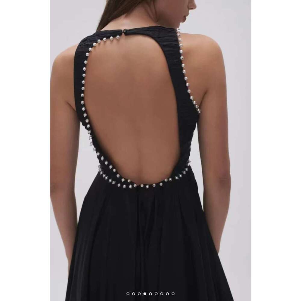 Women Pleated Chest Pearl Beaded Decoration Sleeveless Big Swing Party Midi Long Dress