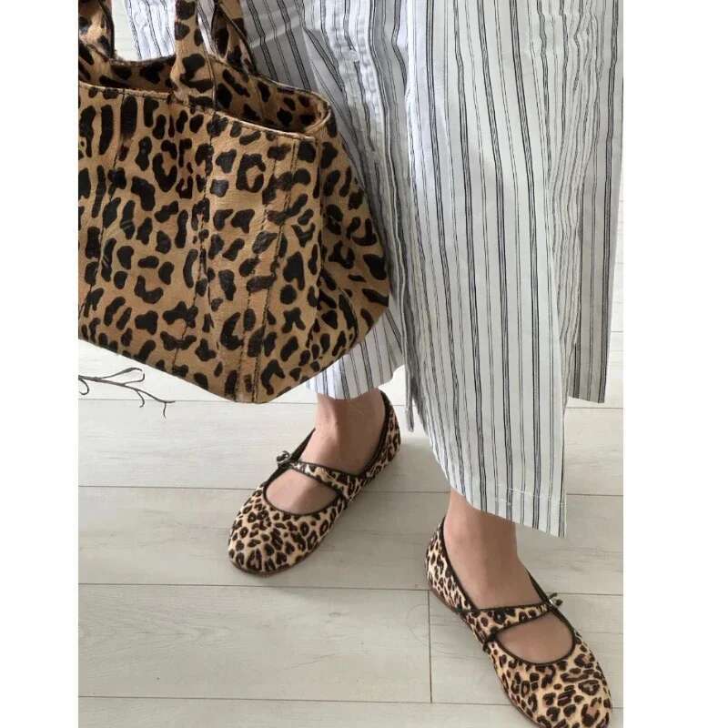Fashionable Shallow Mouth Leopard Print Women's Ballet Mary Jane Spring and Autumn Walking Shoes Round Toe Buckle Flats