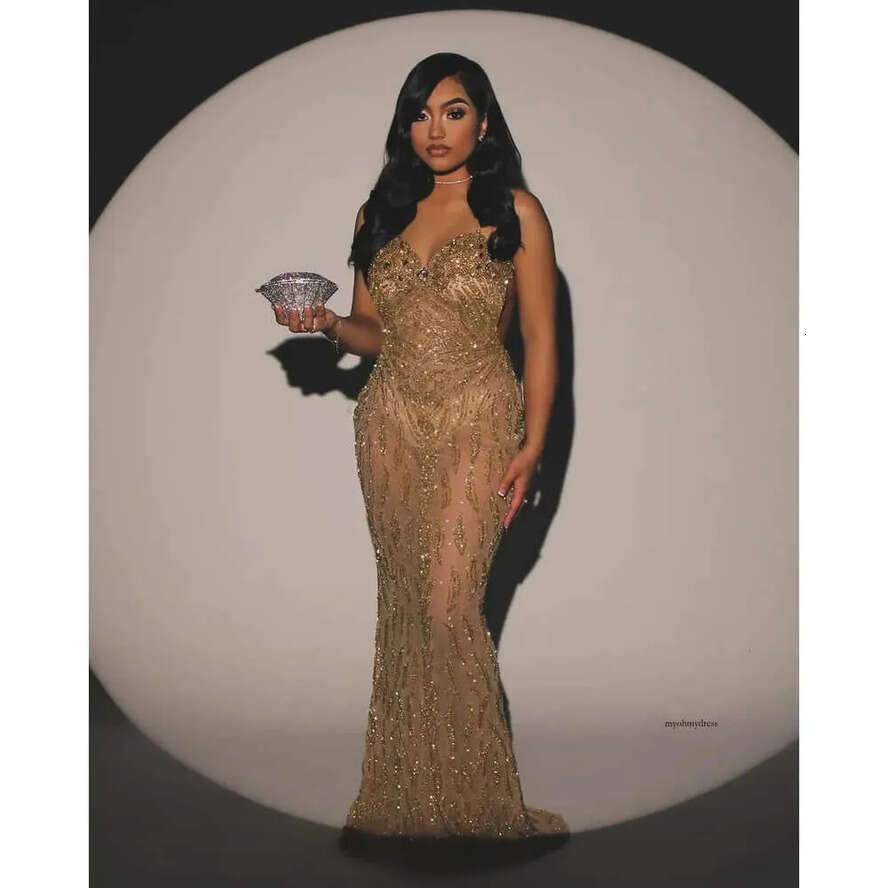 Evening Gold Dress Beads Sequined Backless Illusion Sexy Birthday Party Prom Dresses Vestidos De Gala Custom Made