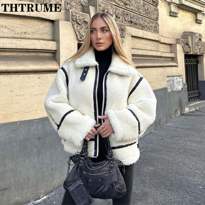 2024 New Fleece Lamb Jackets For Women Fashion Long Sleeve Autumn Winter Zipper Patchwork Coats Casual Streetwear Thick Outwear