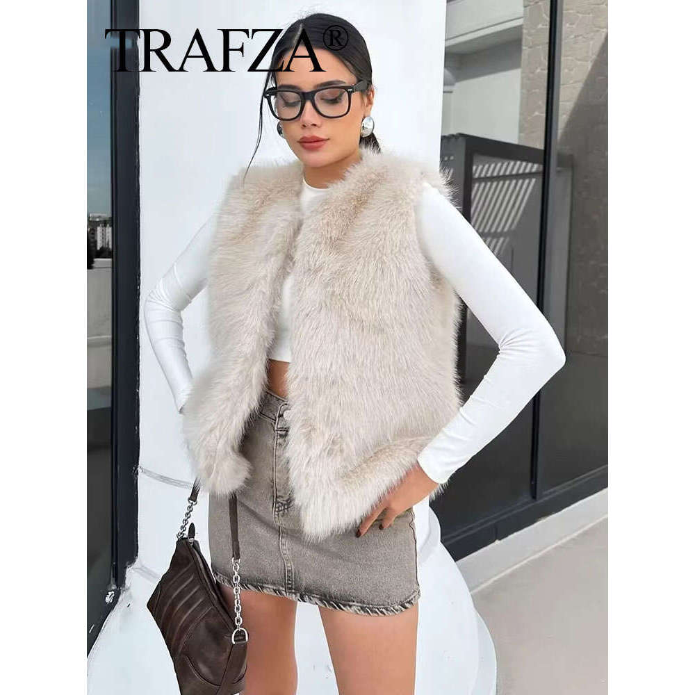TRAFZA Faux Fur Vests For Women 2024 New Fashion Fluffy Sleeveless Jackets Female Vest Loose Winter Warm Streetwear Waiscoat Top