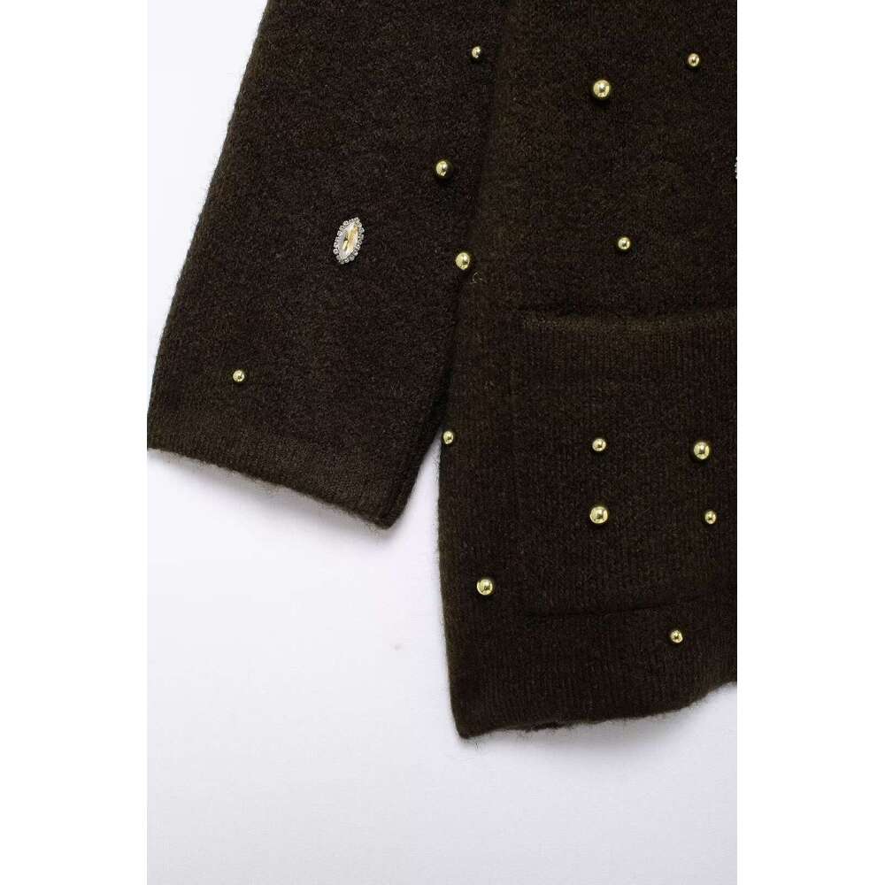 TRAFZA Women Vintage Soft Tweed Button Jewel Embellished New 2024 Autumn Fall Fashion Jacket With Pocket