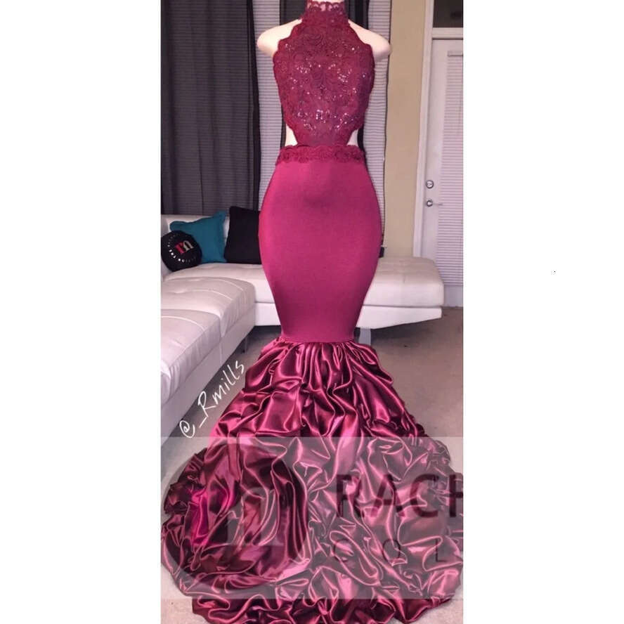 Bury Mermaid Long Prom Dresses 2019 African Lace Applique Open Back Sequins Ruffled Sweep Train Arabic Evening Party Gowns